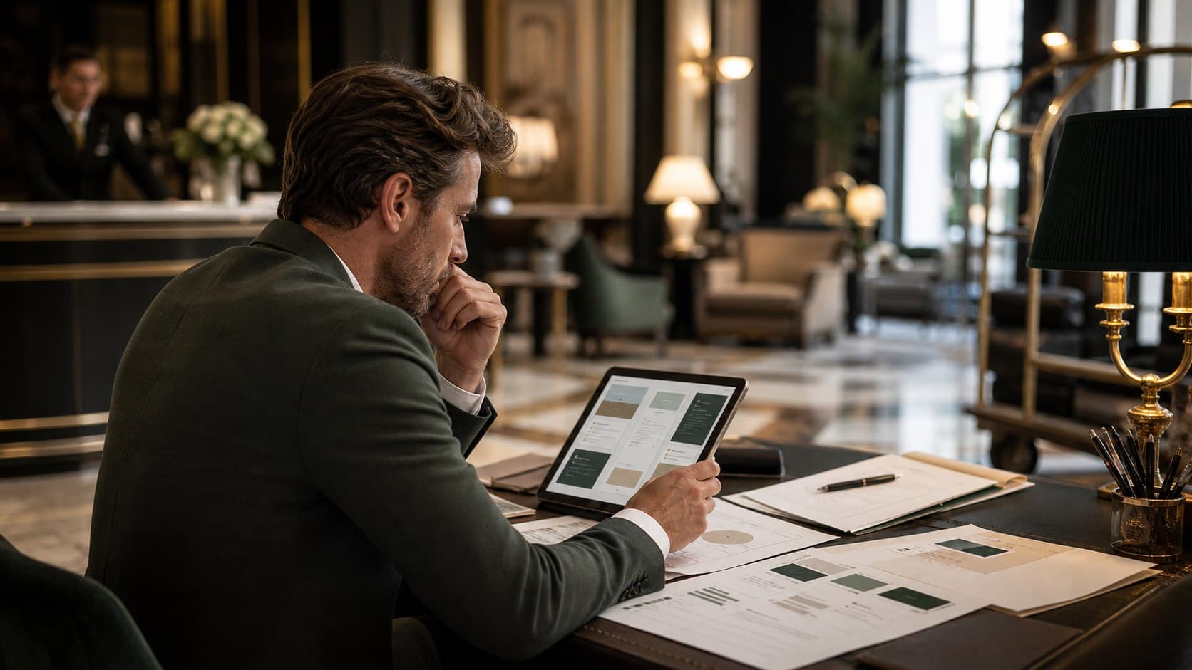 Hotelmanager vergleicht verschiedene KI-Concierge-Lösungen an einem Hoteldesk