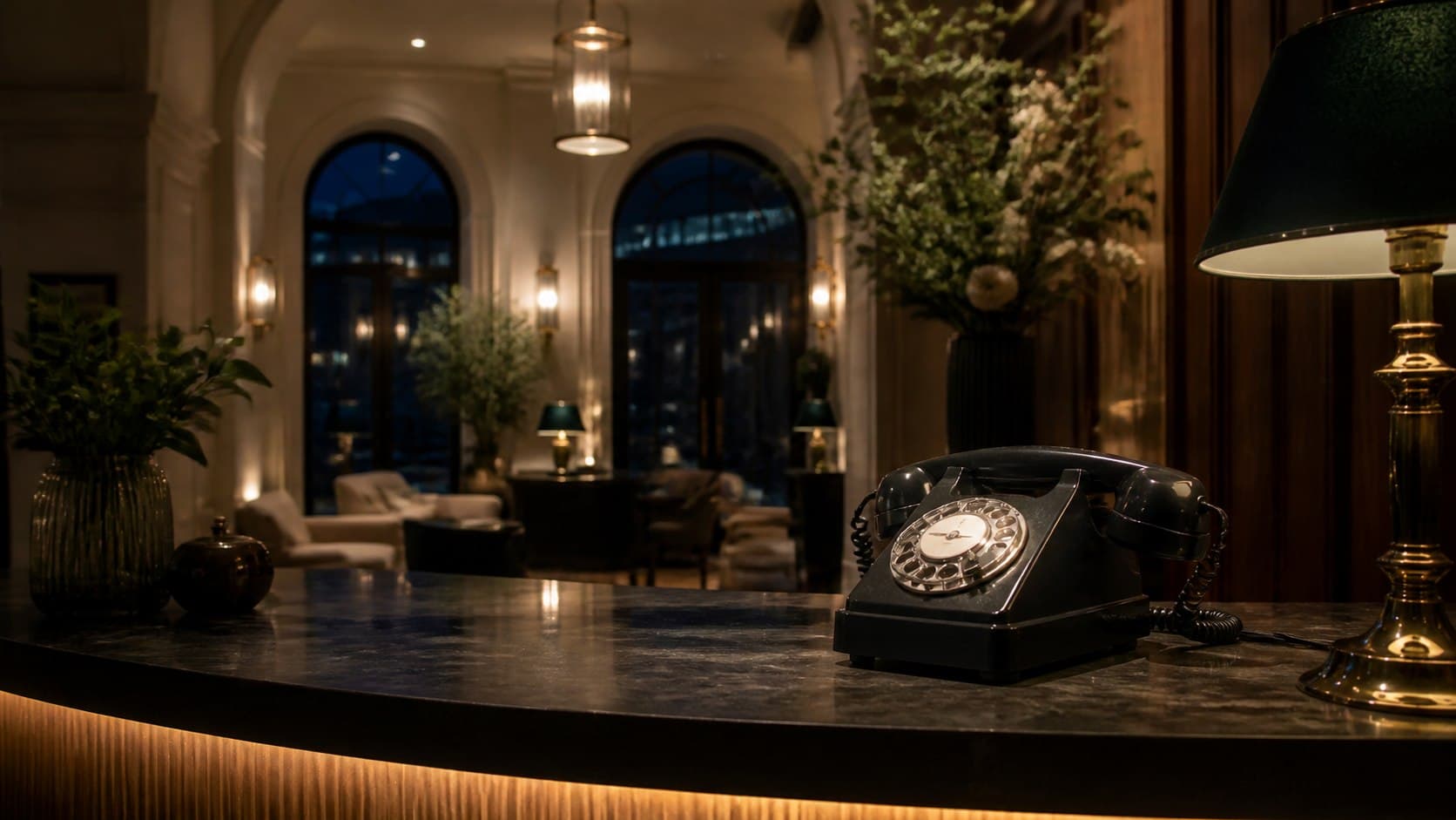 Beleuchtetes Hoteltelefon an einer nachts unbesetzten Boutique-Rezeption