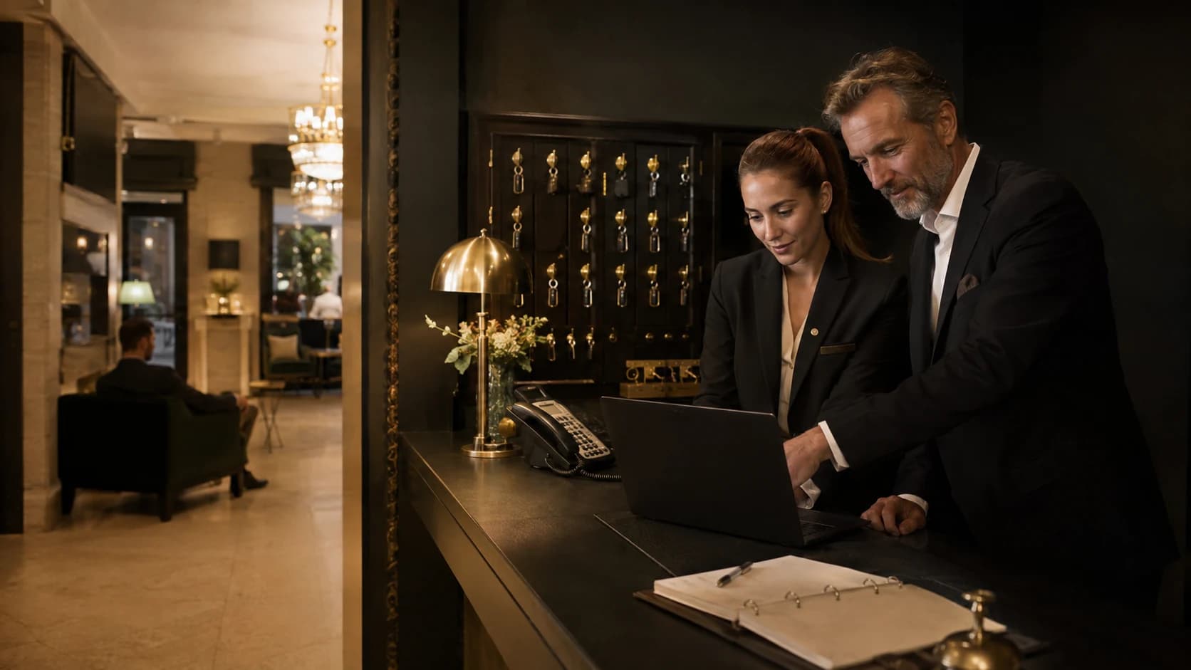 Hotelrezeption mit synchronisierten Buchungsdaten zwischen PMS und Vertriebskanälen